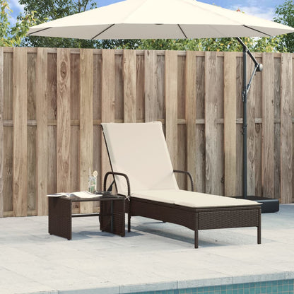 Sun lounger with wheels and cushion in brown polyrattan