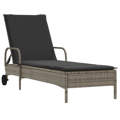 Sun lounger with wheels and cushion in gray polyrattan