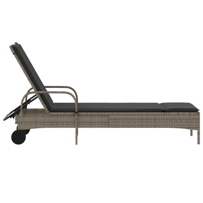 Sun lounger with wheels and cushion in gray polyrattan