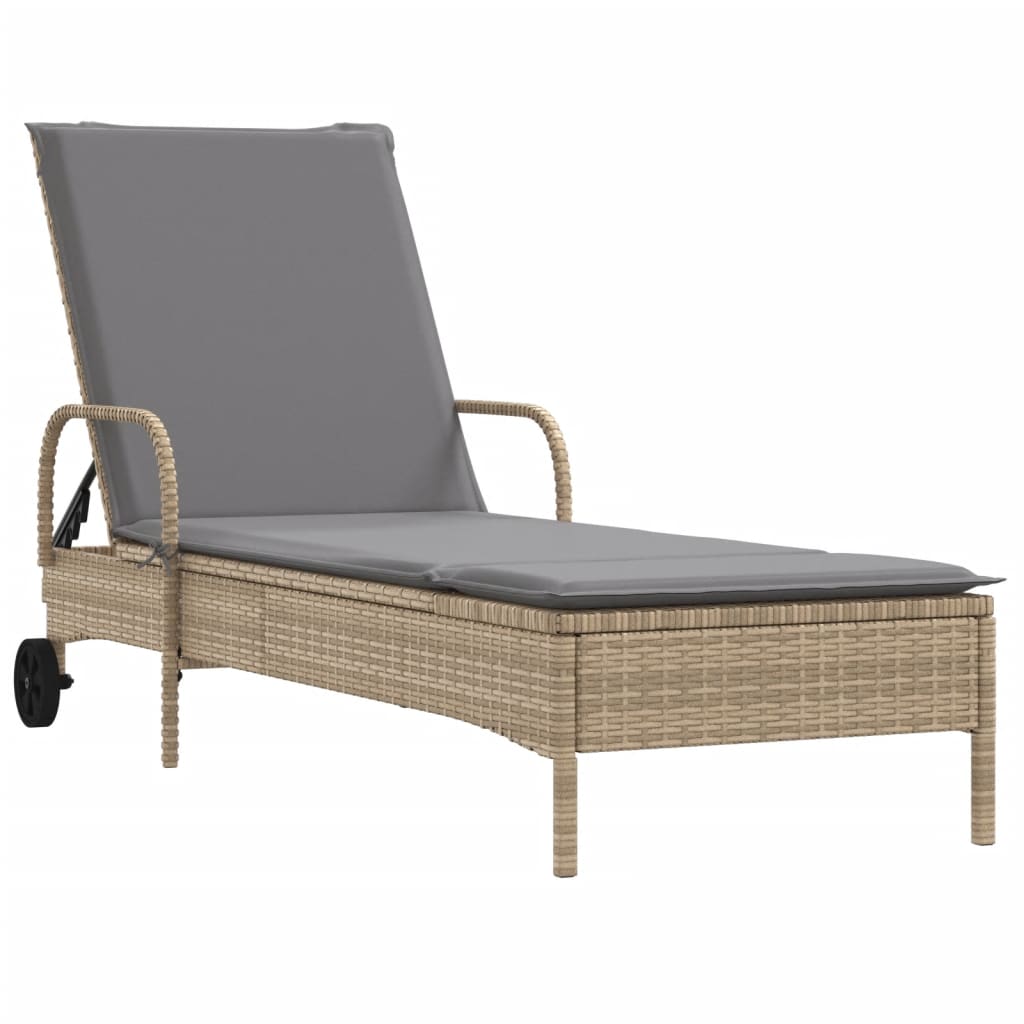 Sun lounger with wheels and cushion in Beige Polyrattan