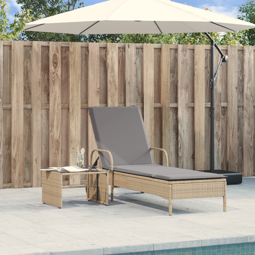 Sun lounger with wheels and cushion in Beige Polyrattan