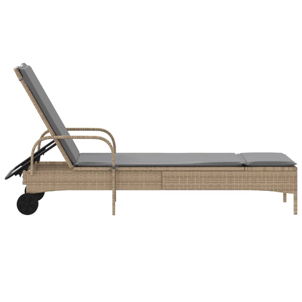 Sun lounger with wheels and cushion in Beige Polyrattan