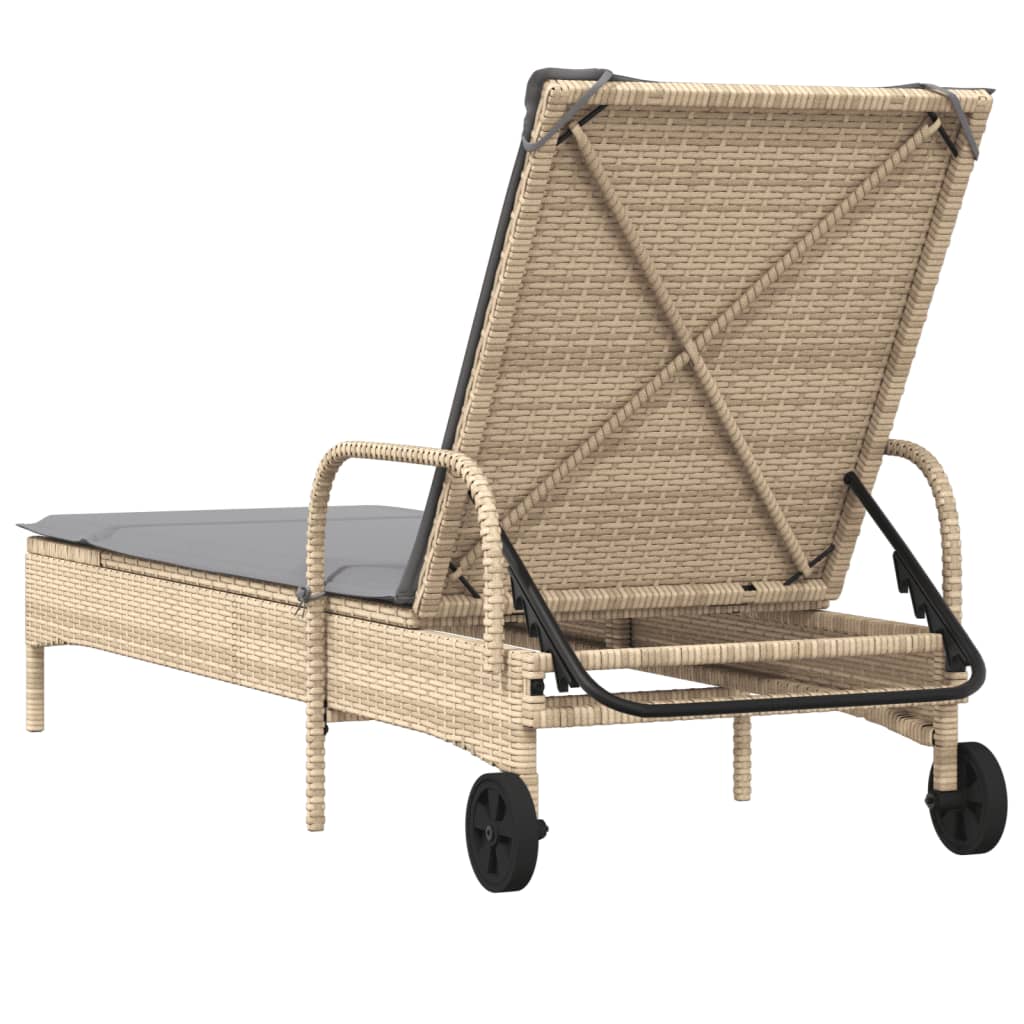 Sun lounger with wheels and cushion in Beige Polyrattan