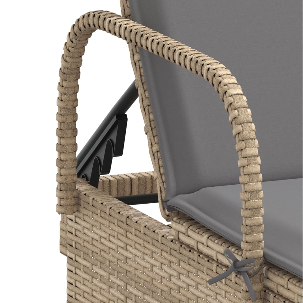 Sun lounger with wheels and cushion in Beige Polyrattan