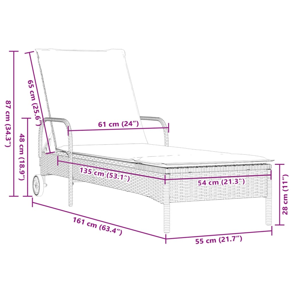 Sun lounger with wheels and cushion in Beige Polyrattan