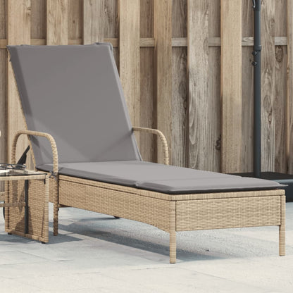 Sun lounger with wheels and cushion in Beige Polyrattan