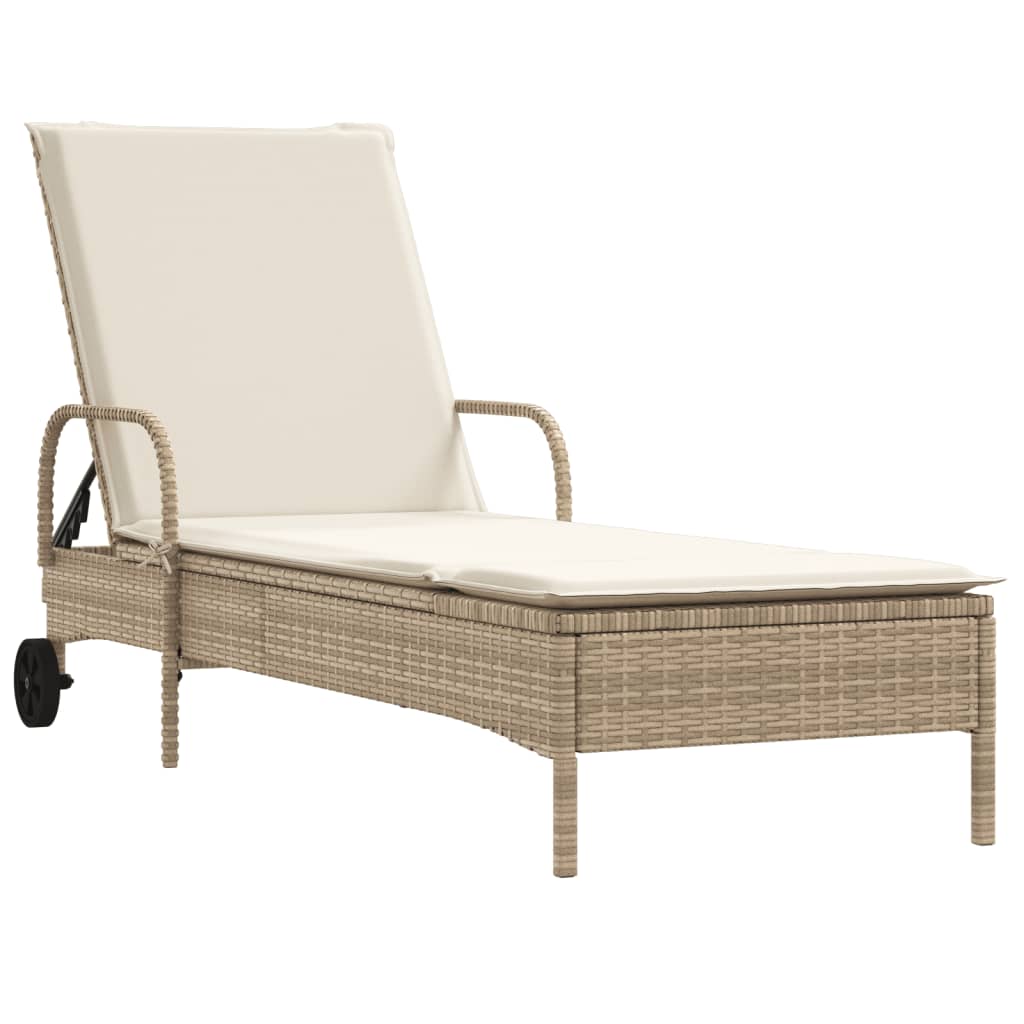 Lettino Prendisole con Ruote e Cuscino in Polyrattan Beige