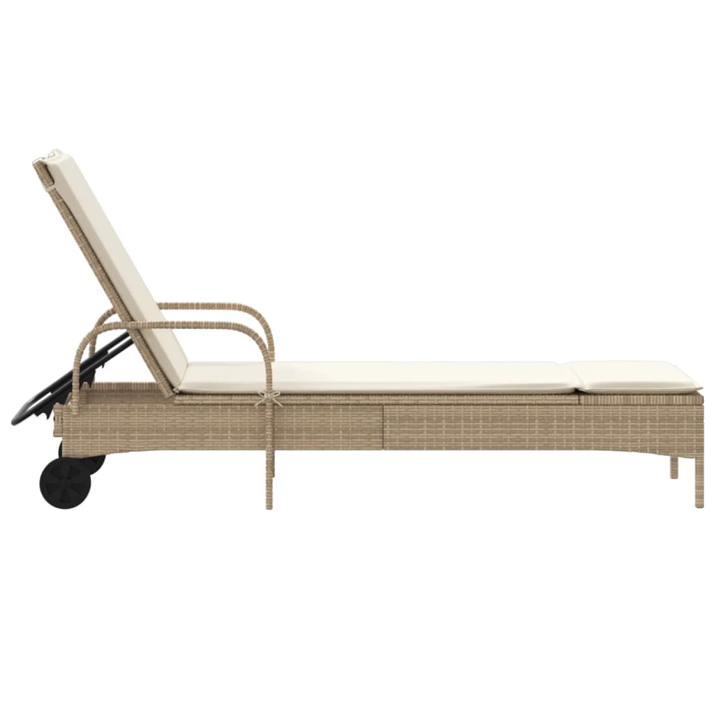 Lettino Prendisole con Ruote e Cuscino in Polyrattan Beige