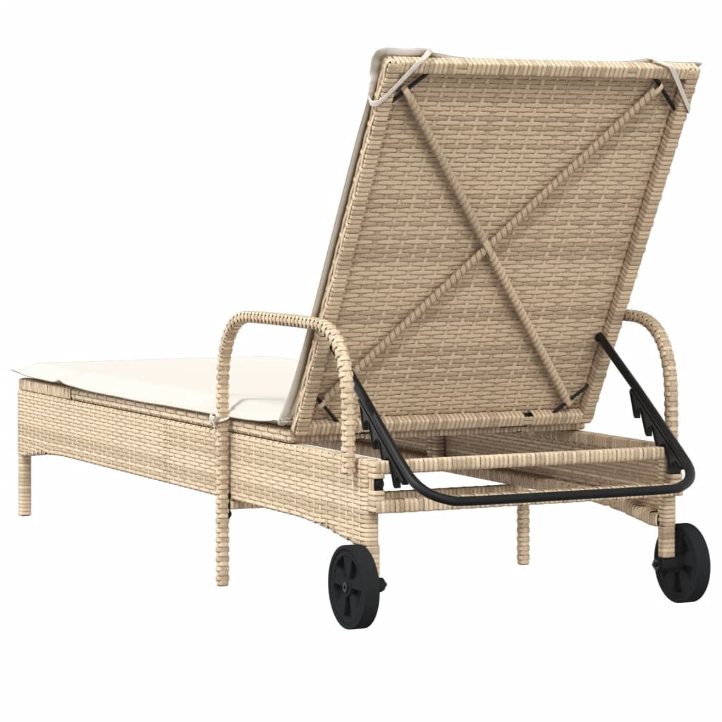 Lettino Prendisole con Ruote e Cuscino in Polyrattan Beige