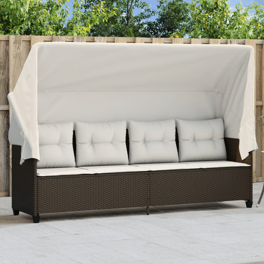 Sun Lounger with Canopy and Brown Polyrattan Cushions
