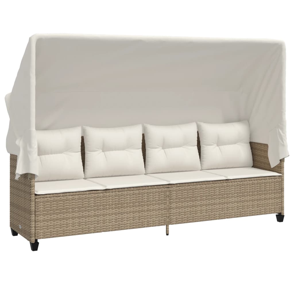 Sun Lounger with Canopy and Beige Polyrattan Cushions