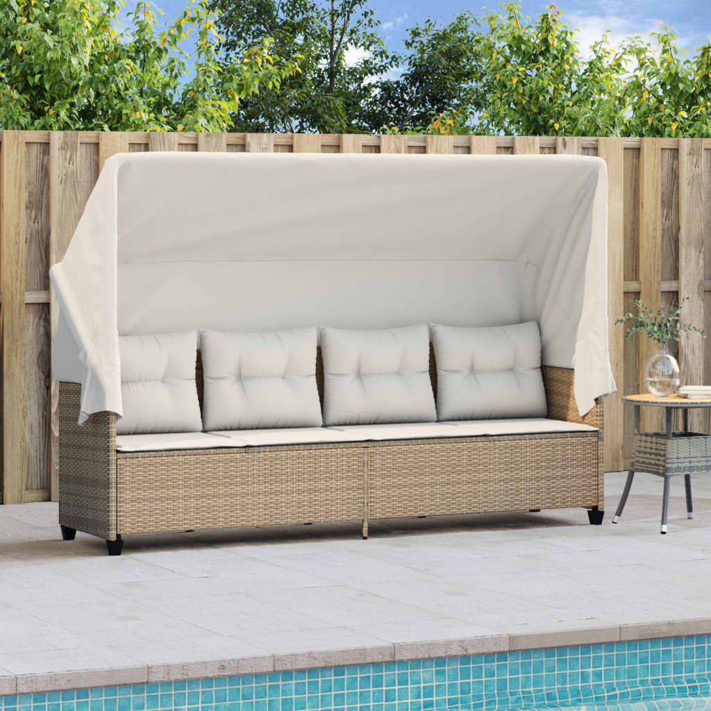 Sun Lounger with Canopy and Beige Polyrattan Cushions