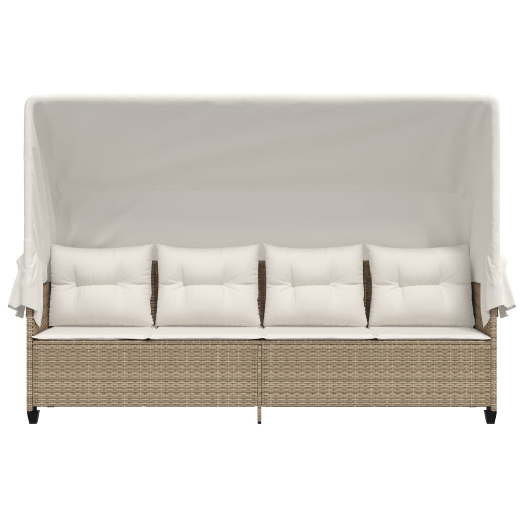 Sun Lounger with Canopy and Beige Polyrattan Cushions