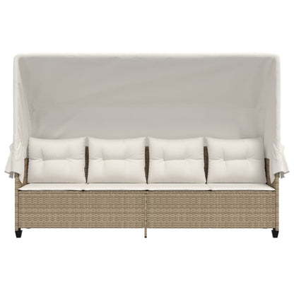 Sun Lounger with Canopy and Beige Polyrattan Cushions