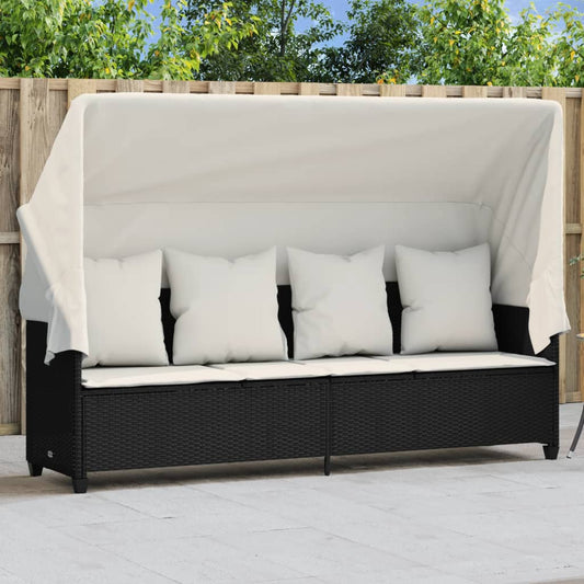 Sun Lounger with Canopy and Black Polyrattan Cushions