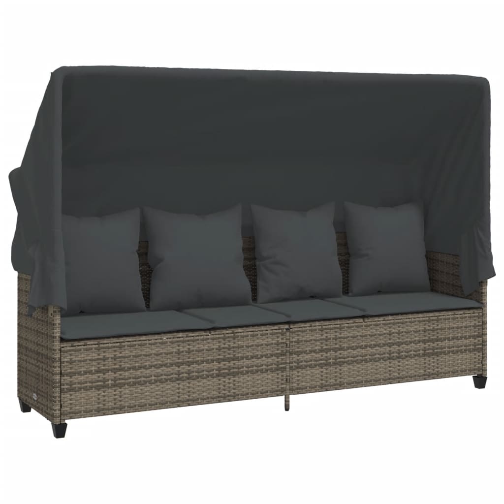 Sun Lounger with Canopy and Gray Polyrattan Cushions