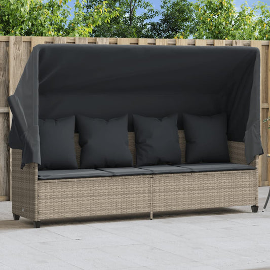 Cot with canopy and light gray cushions in polyrattan