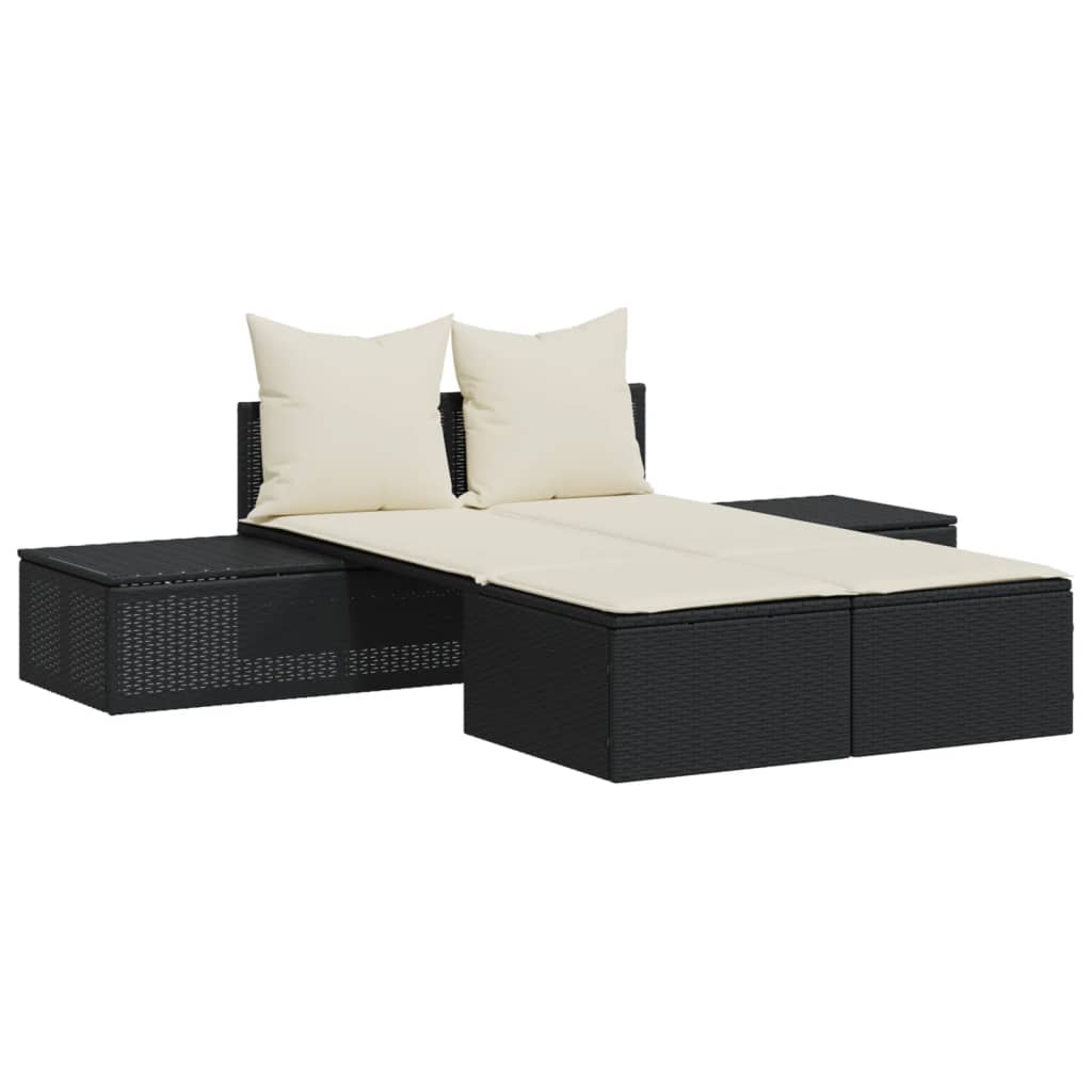 Lettino Prendisole Doppio con Cuscini Nero in Polyrattan - homemem39