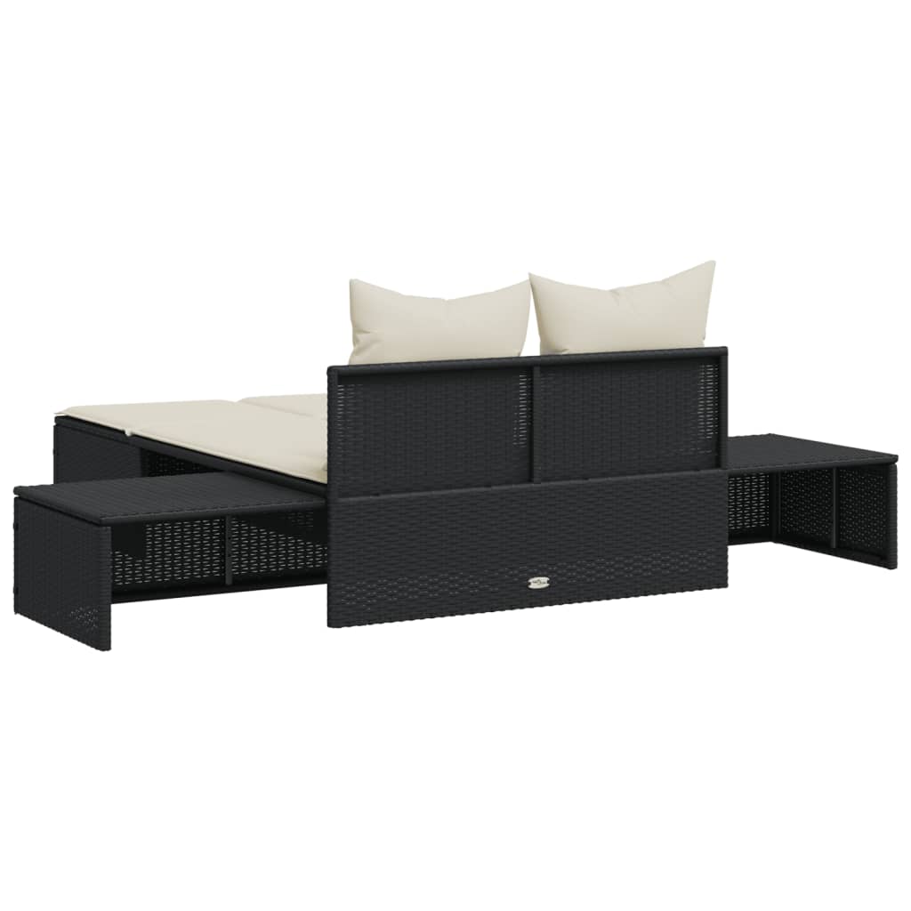 Lettino Prendisole Doppio con Cuscini Nero in Polyrattan - homemem39