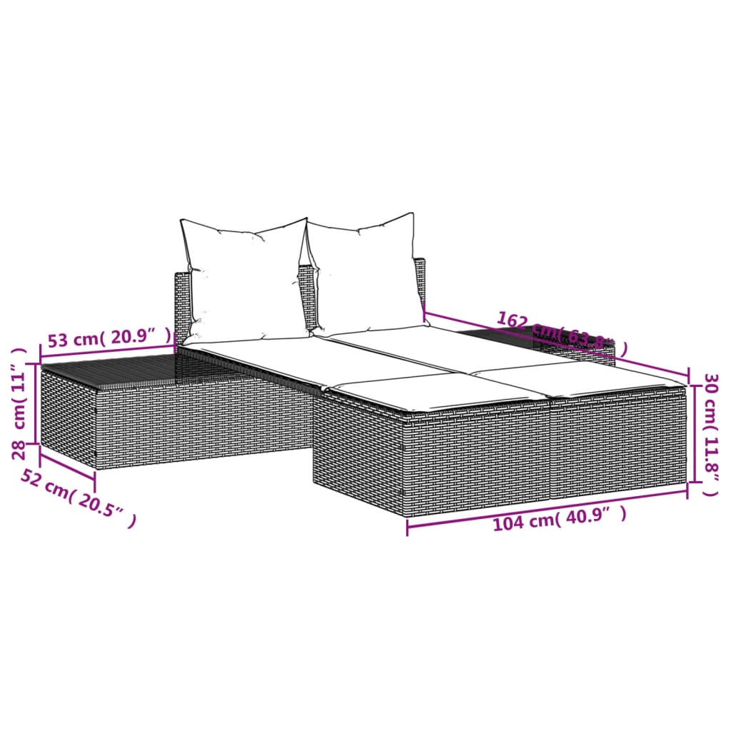 Lettino Prendisole Doppio con Cuscini Grigio in Polyrattan