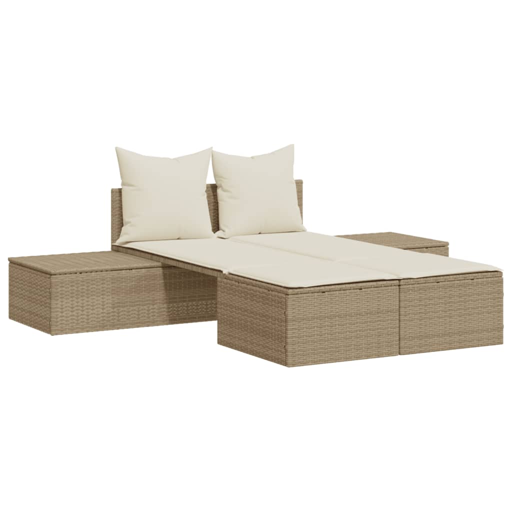 Lettino Prendisole con Cuscini Beige in Polyrattan