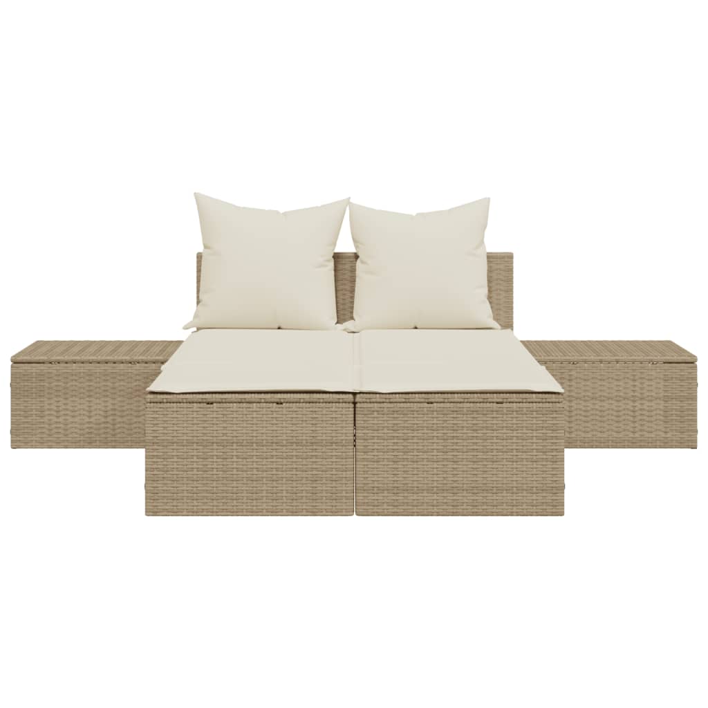 Lettino Prendisole con Cuscini Beige in Polyrattan