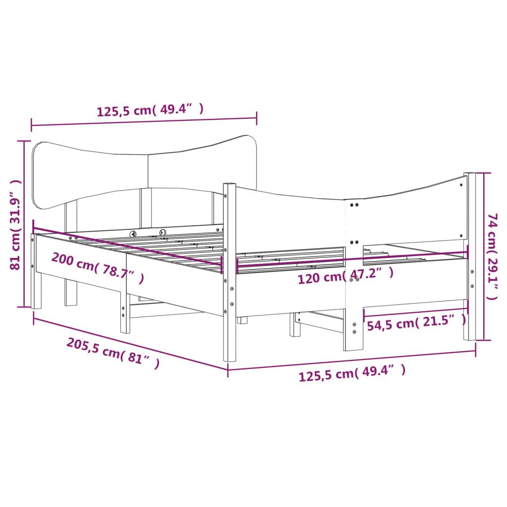 Bedframe with White Headboard 120x200 cm Solid Pine Wood