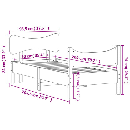 Bed frame with headboard 90x200 cm in solid pine wood