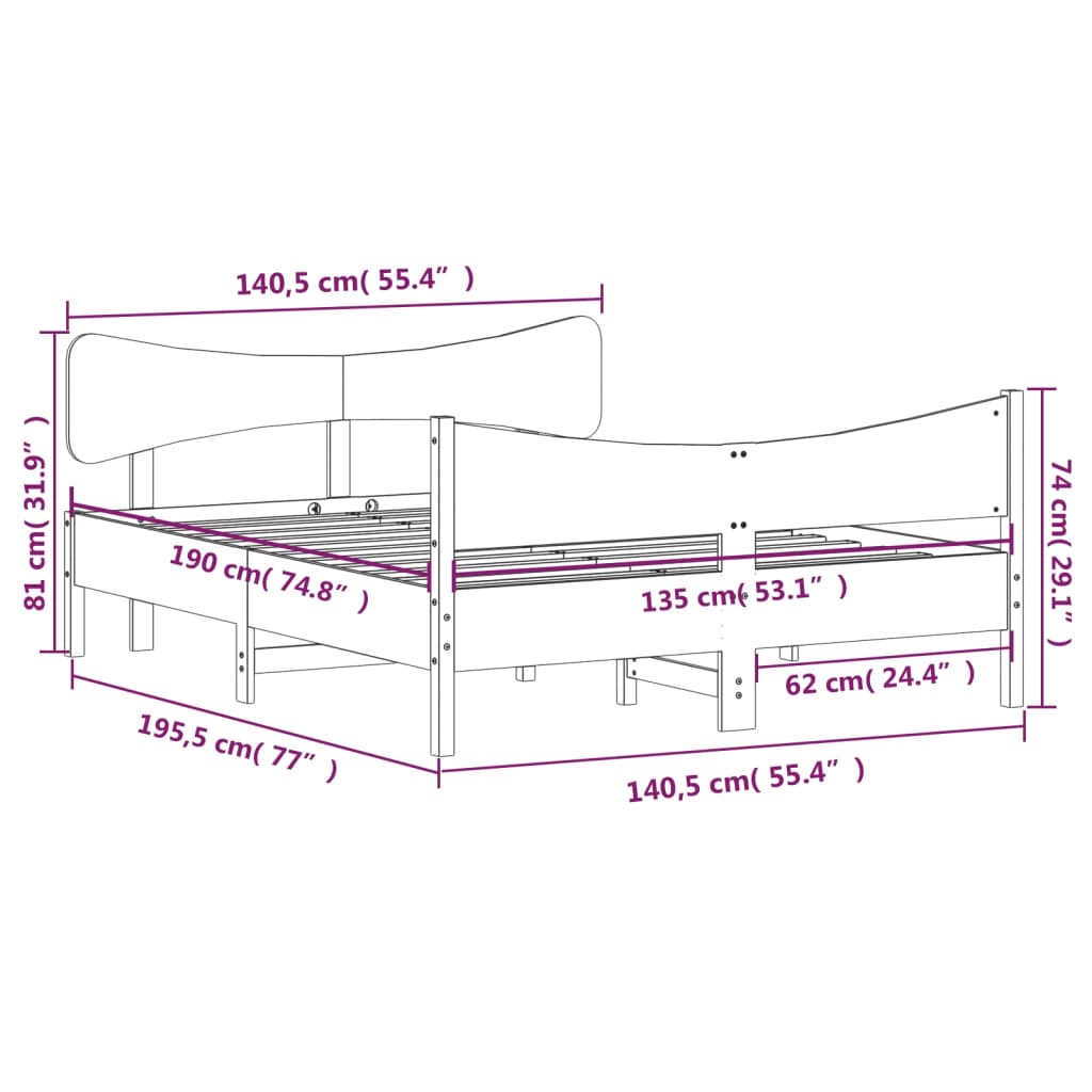 Letto senza Materasso Bianco 135x190 cm Legno Massello di Pino