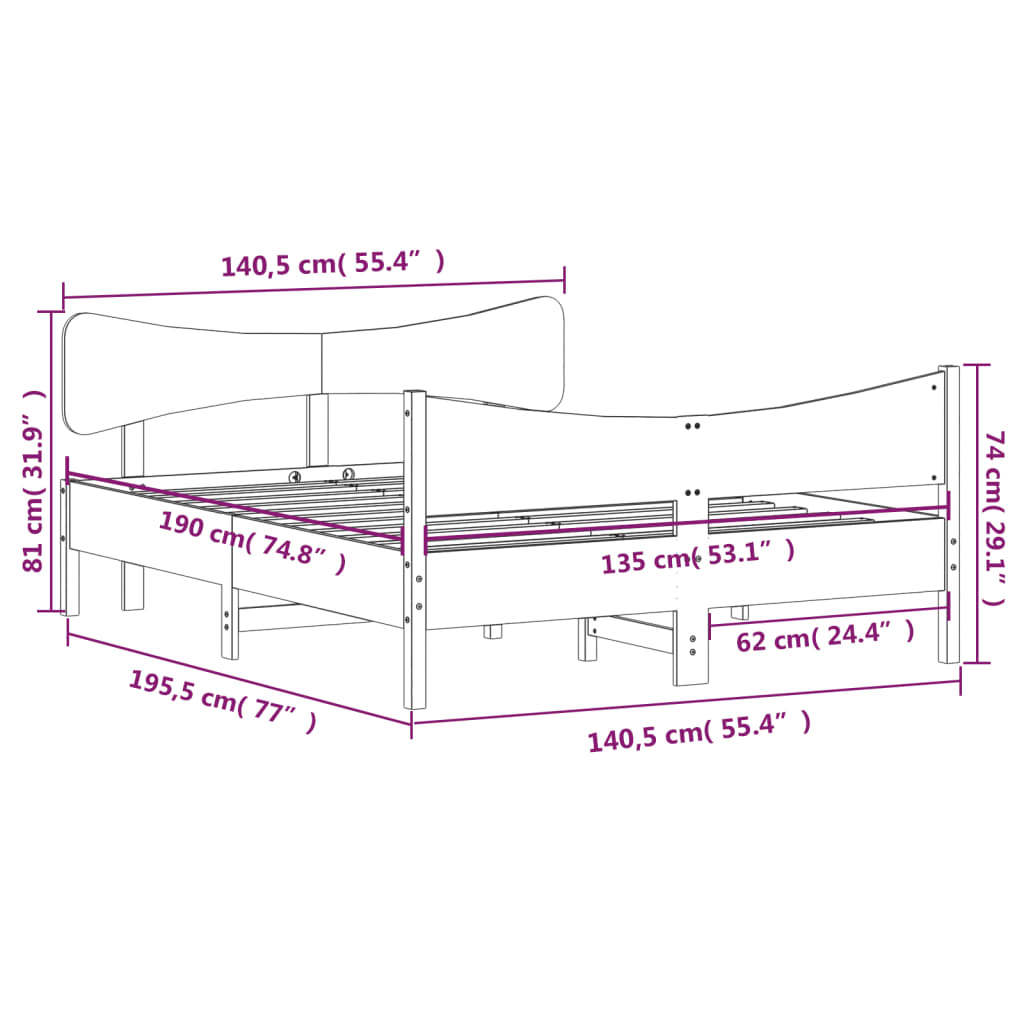 Letto senza Materasso Bianco 135x190 cm Legno Massello di Pino