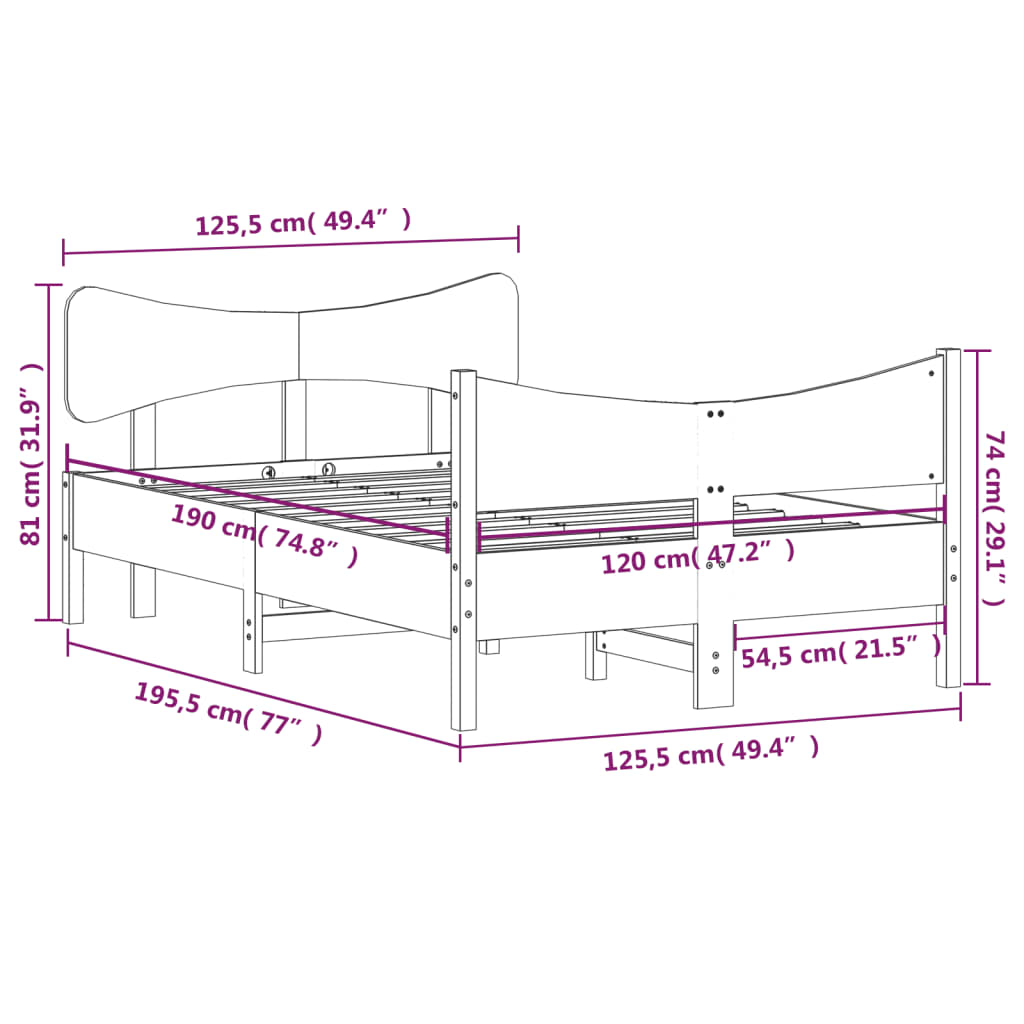 Bed frame with headboard 120x190 cm in solid pine wood