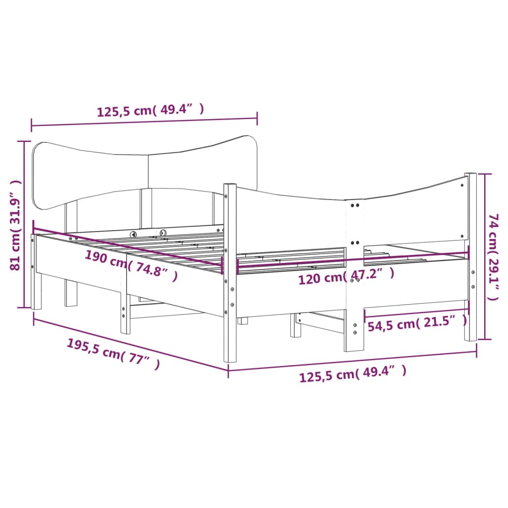 Bedframe with White Headboard 120x190 cm Solid Pine Wood