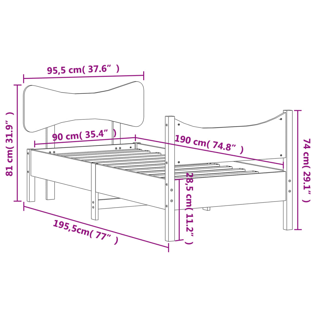 Letto senza Materasso Bianco 90x190 cm in Legno Massello Pino