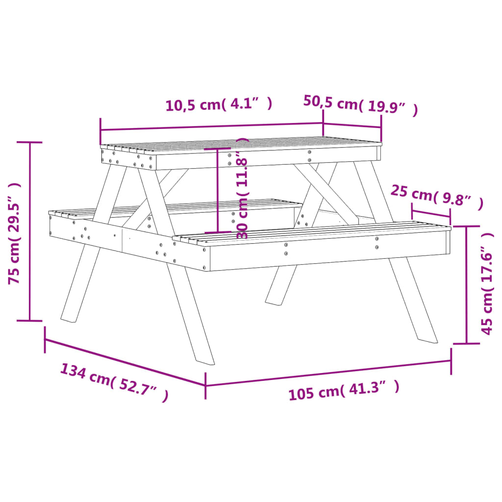 Tavolo da Picnic Bianco 105x134x75 cm in Legno Massello di Pino