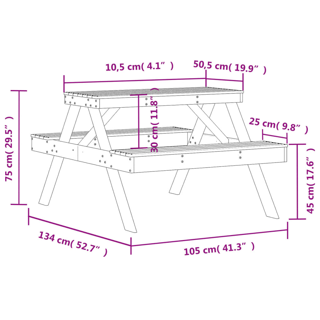 Tavolo da Picnic 105x134x75 cm in Legno Massello di Douglas