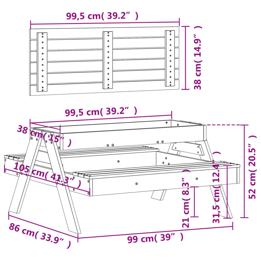 Picnic Table with Sandbox for Children Solid Pine Wood