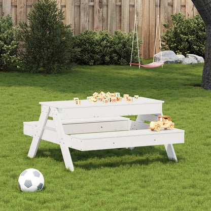 Picnic Table with Sandbox for Children in White Solid Pine Wood