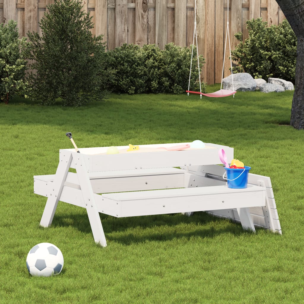 Picnic Table with Sandbox for Children in White Solid Pine Wood