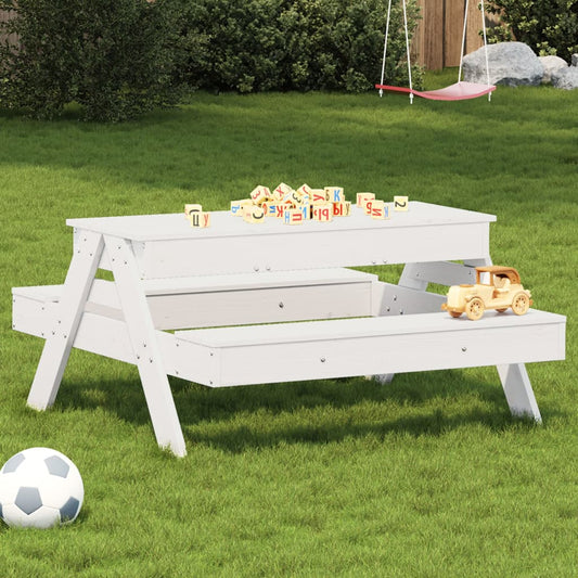 Picnic Table with Sandbox for Children in White Solid Pine Wood