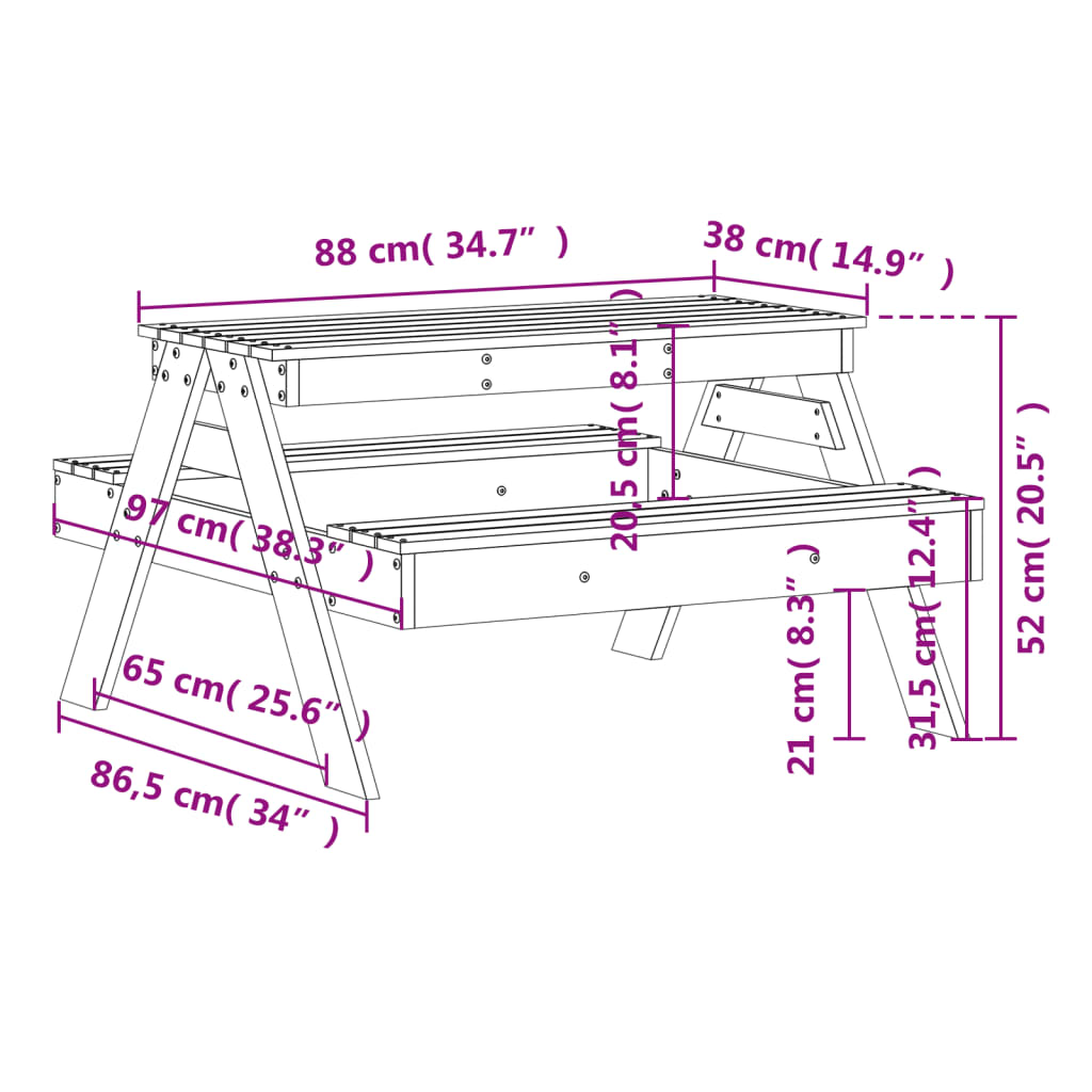 Tavolo da Picnic per Bambini 88x97x52 cm Legno Massello di Pino