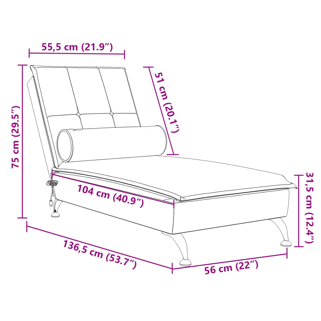 Chaise Longue Massaggi con Cuscino a Rullo Rosso Vino Velluto