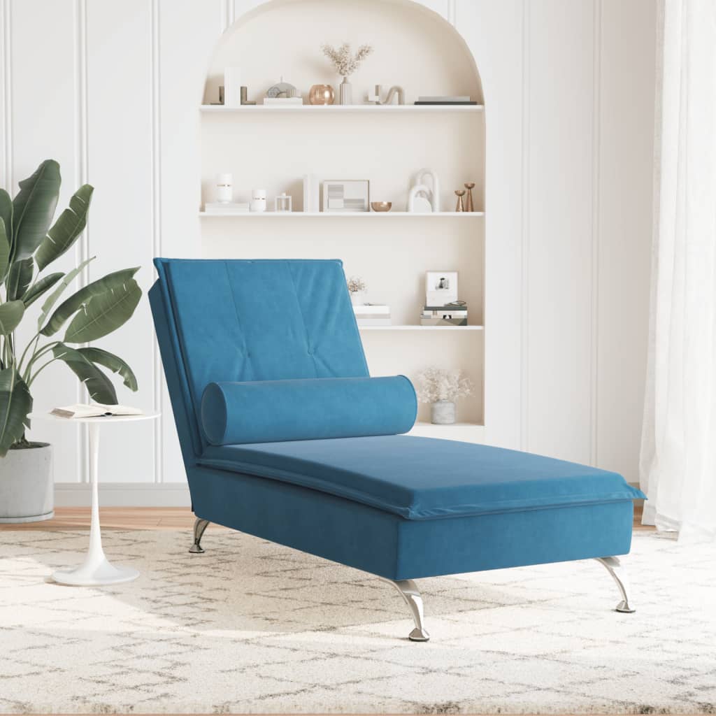 Chaise Longue Massaggi con Cuscino a Rullo Blu in Velluto