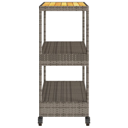 Carrello da Bar 3 Livelli Grigio Polyrattan e Massello Acacia