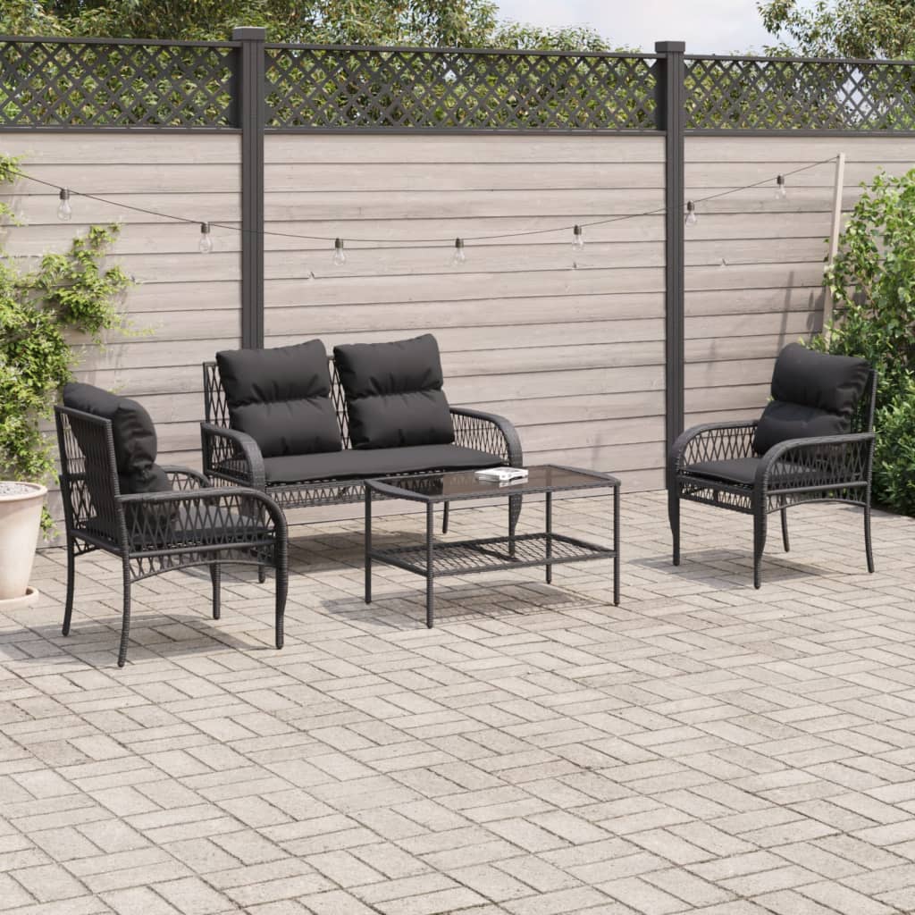 Set Divani da Giardino 4 pz con Cuscini Nero in Polyrattan | homemem39