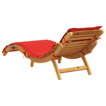 Sun Lounger with Red Cushion in Solid Acacia Wood