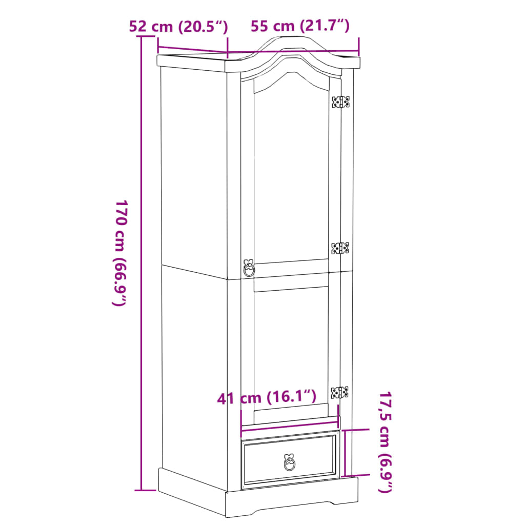 Corona wardrobe 55x52x170 cm in solid pine wood