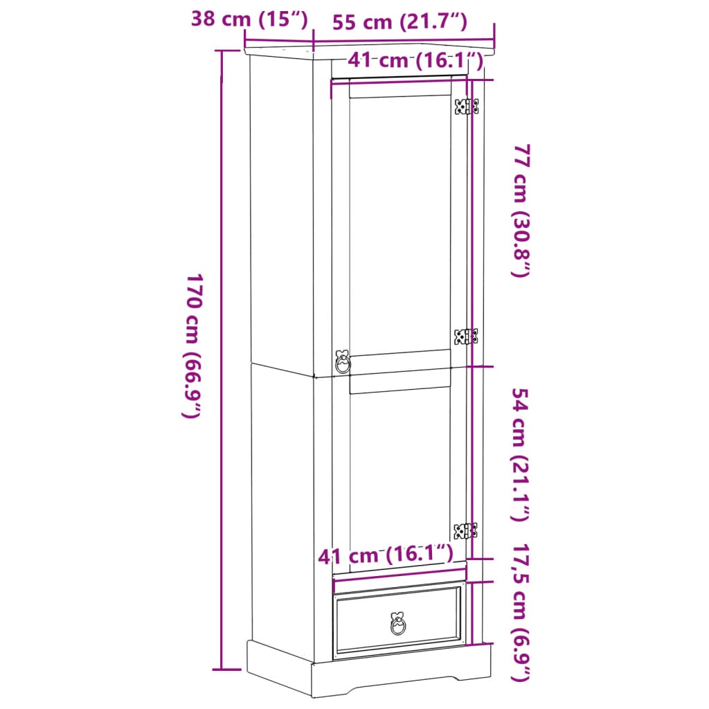 Corona wardrobe 55x38x170 cm in solid pine wood