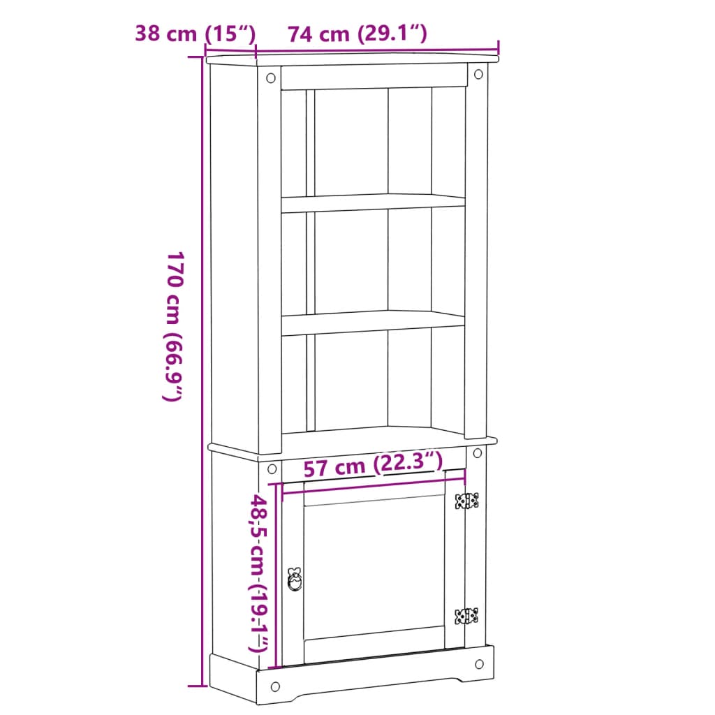 Corona Sideboard 74x38x170 cm in Solid Pine Wood