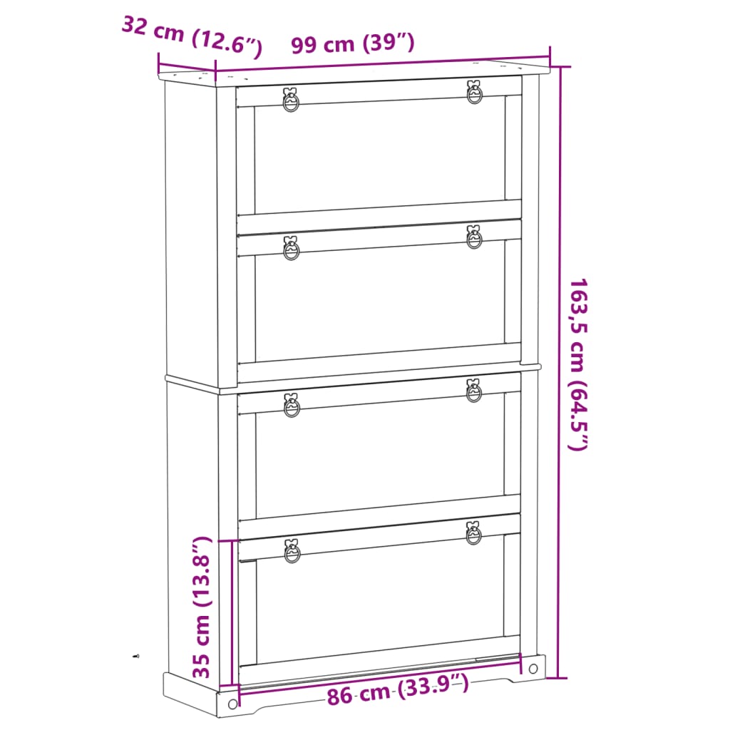 Scarpiera Corona 99x32x163,5 cm in Legno Massello di Pino