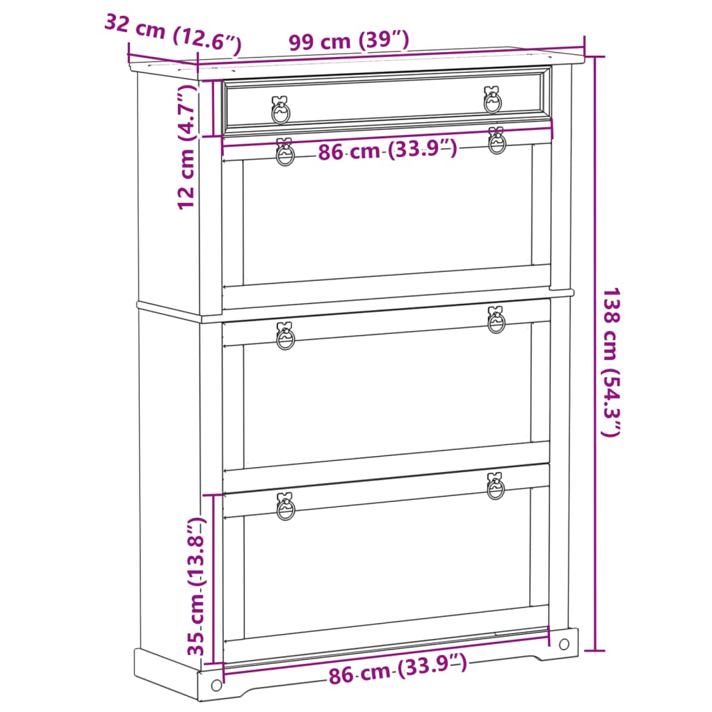 Corona shoe rack 99x32x138 cm in solid pine wood